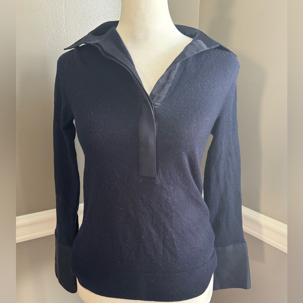 Club Monaco Women's‎ Blue Wool Mixed Media V-Neck Sweater Blue XS